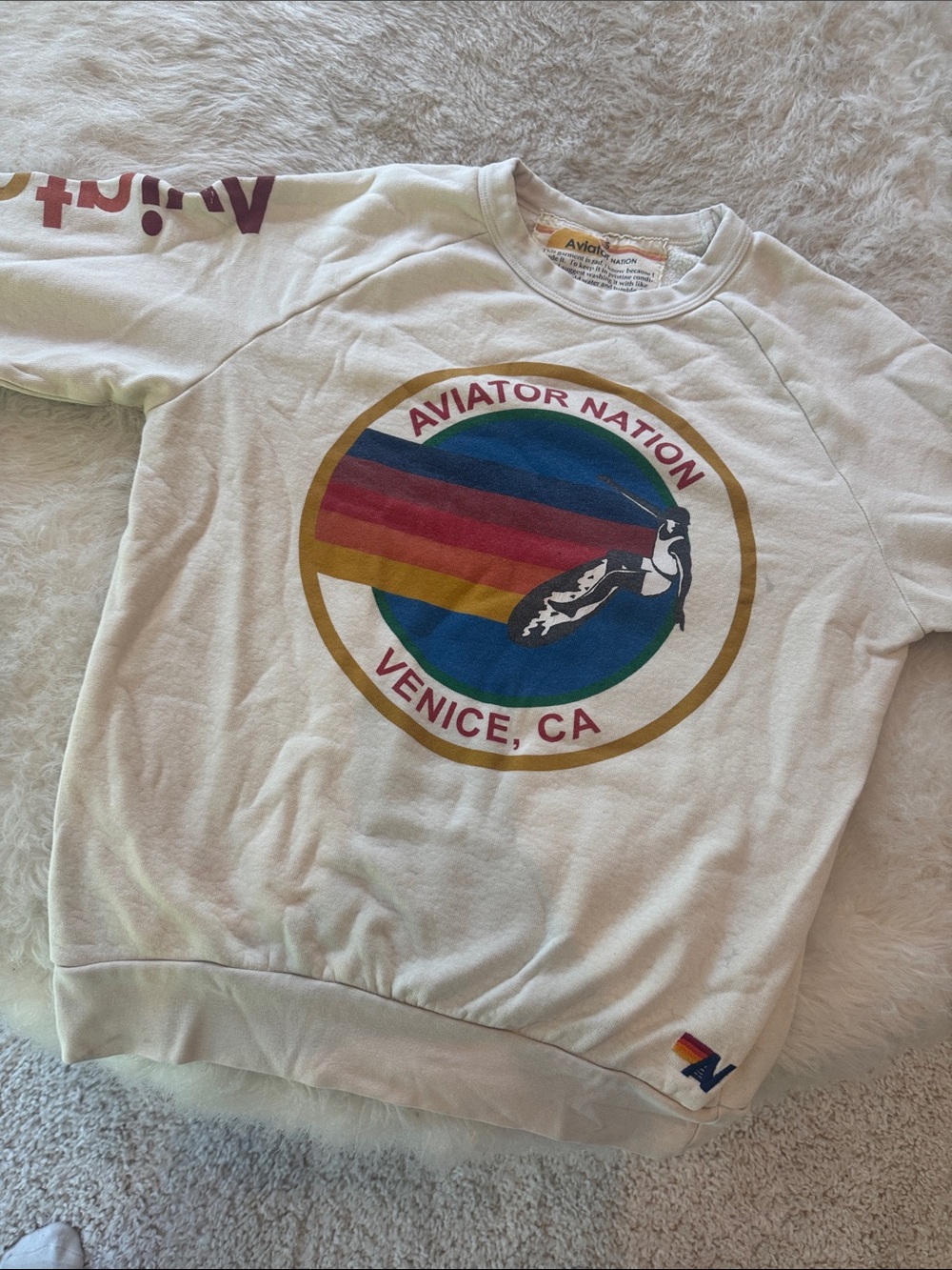 Aviator Nation Cream Crewneck with Multicolor Venice CA Graphic
